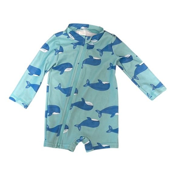 Swimsuit One Piece Baby Boy Teal Green with Blue Whale Print zipper Size 9M - Picture 1 of 3